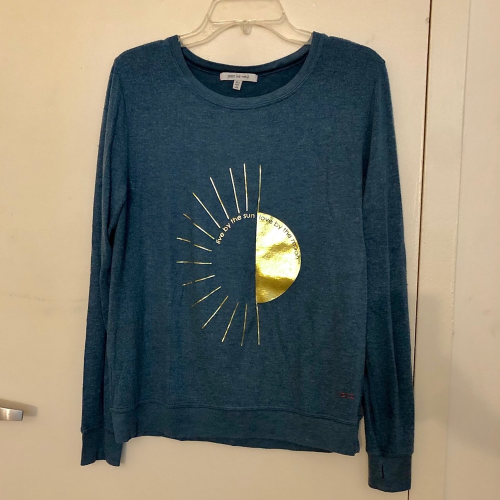 Peace Love World cozy blue sweater with gold foil